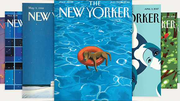 A row of overlapping The New Yorker magazine covers with various colorful illustrations.