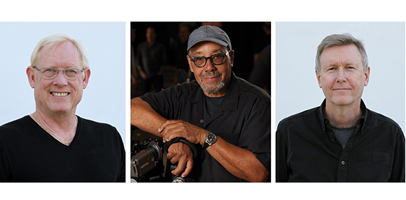 Three separate headshots of men against light and dark backgrounds.