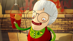 Cartoon elderly woman with white hair and large glasses holding a red bucket.