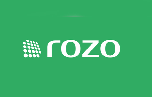 White Rozo logo with a grid of dots on a solid green background.