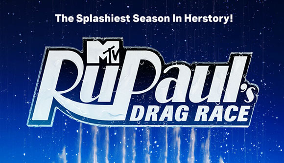 RuPaul's Drag Race logo in white text with a water splash effect against a blue background.