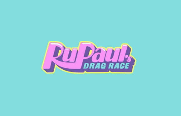 Pink and purple RuPaul's Drag Race logo on a light blue background.