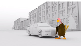 A cartoon turkey stands beside a car in a colorless, 3D-rendered city street.