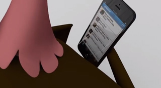 A large pink cartoon hand reaches toward a smartphone displaying a social media feed.