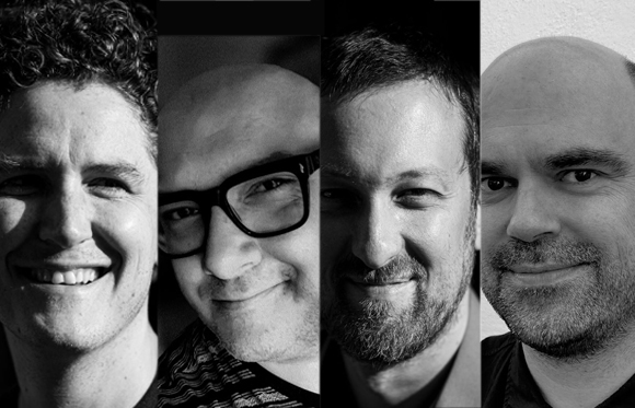 Four black and white close-up portraits of smiling men arranged in vertical panels.