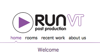 RUN VT post production logo with a play button icon and navigation links for home, rooms, recent work, and about us.