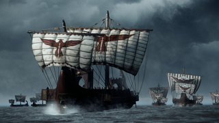 A fleet of ancient wooden sailing ships with white sails featuring red eagle emblems on a dark, choppy sea.
