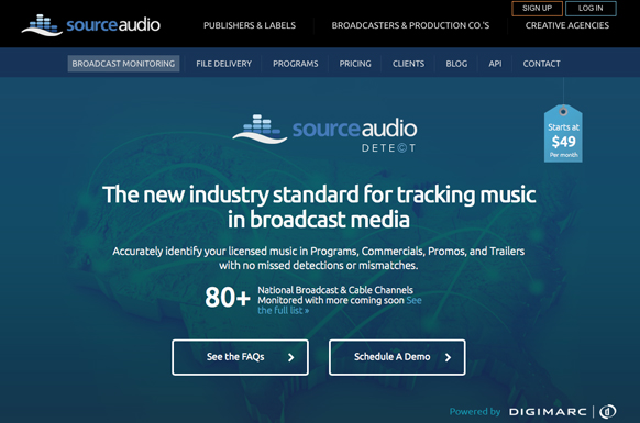 SourceAudio website landing page featuring broadcast music tracking services and a starting price of $49 per month.
