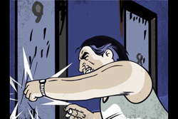 Cartoon illustration of a muscular man with a grimace punching a wall, causing cracks to appear.