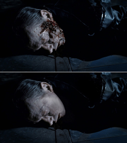 Two frames of a person lying face down in shadows, one with blood on their head and one without.