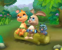 Animated orange, tan, and blue animals sitting together on a fallen log in a lush green forest.
