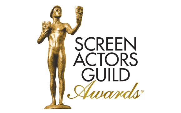 Gold statue of a male figure holding two masks next to the text Screen Actors Guild Awards.