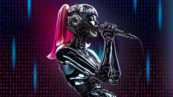 A chrome humanoid robot with pink hair singing into a microphone against a digital background.