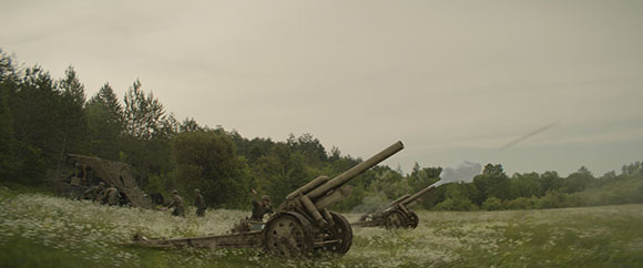 Two large artillery cannons positioned in a grassy field near a treeline under an overcast sky.