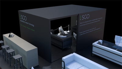 A dark gray exhibition booth featuring the SGO logo, a lounge area, and a service counter with stools.