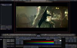 A video editing software interface displaying a film scene of a person in a dark hat.