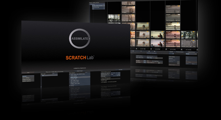 Software interface for Assimilate ScratchLab showing a logo and video editing timelines.