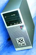 A silver desktop computer tower with front-facing disc drives and a perforated lower panel.
