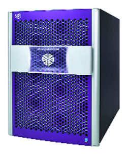 A purple computer tower with a silver mesh front panel and a silver horizontal band across the center.