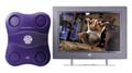 A purple handheld game controller next to a television displaying a video game scene.