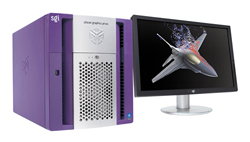A purple SGI computer tower next to a monitor showing a 3D model of a fighter jet.