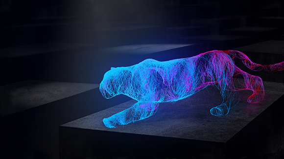 A digital, wireframe tiger composed of glowing blue and pink light filaments walking on a dark stone surface.