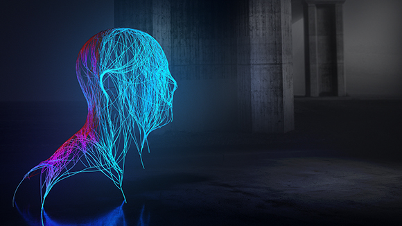 A glowing blue and red wireframe profile of a human head made of light filaments against a dark background.