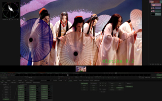 Video editing software interface displaying a scene of performers in traditional robes with parasols.
