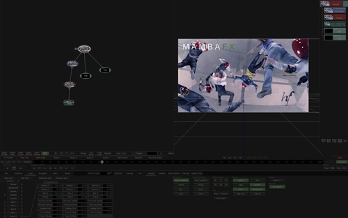A software interface with a node graph on the left and a 3D composition window on the right.