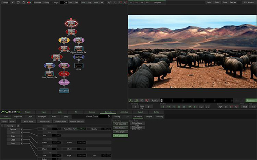 A software interface with a node graph on the left and a rendered scene of wildlife in a desert landscape on the right.