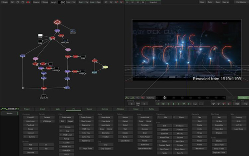 Software interface showing a node-based workflow on the left and a neon light visual on the right.