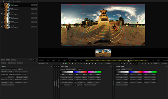 Software interface showing a wide panoramic landscape with colorful geometric mapping overlays and control panels.