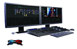 Two computer monitors displaying data, a control console, a keyboard, and a pair of 3D glasses.