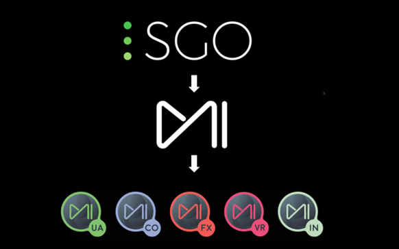 Flowchart with SGO text, an MI symbol, and five colored circular icons labeled UA, CO, FX, VR, and IN.