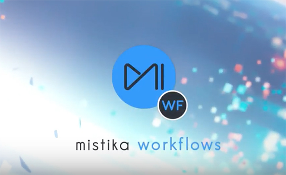 Blue circular logo with stylized letters above the text mistika workflows against a blurred blue background.
