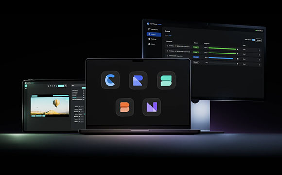 A laptop, a tablet, and a desktop monitor displaying different software application interfaces.