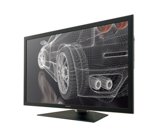 A black flat-screen television displaying a white wireframe 3D model of a car on a dark background.