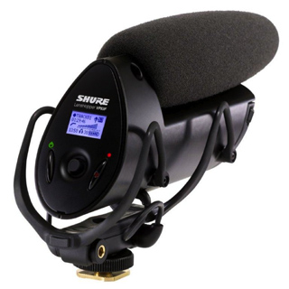 Black Shure VP83 LensHopper camera-mounted shotgun microphone with foam windscreen and shock mount.