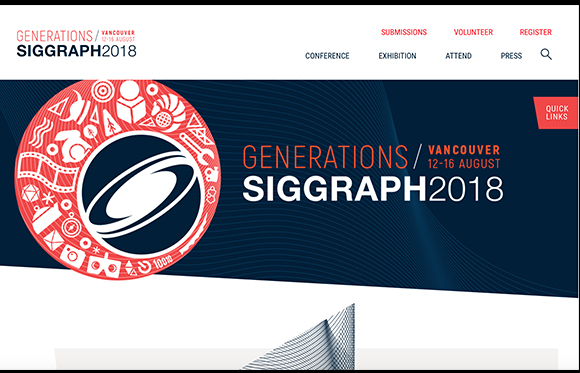 Banner for SIGGRAPH 2018 in Vancouver, August 12-16, featuring a circular graphic with various icons.