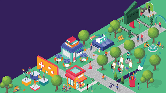 Isometric illustration of a colorful city park with trees, shops, people, and various recreational activities.