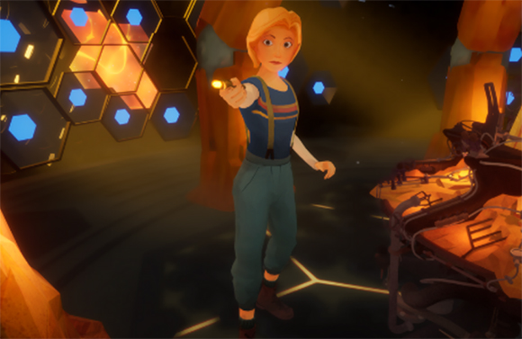 Animated blonde character in blue overalls holding a glowing tool in a dark, hexagonal-patterned room.