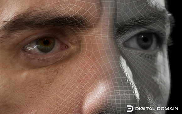 A split view showing a realistic human eye and skin on the left and a digital wireframe mesh on the right.