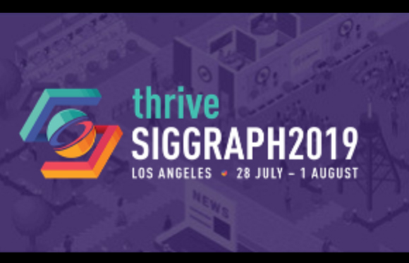 Purple graphic for SIGGRAPH 2019 in Los Angeles, July 28 to August 1, featuring a geometric logo.