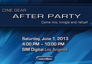 Blue graphic announcement for the Cine Gear After Party on June 1, 2013, at SIM Digital Los Angeles.
