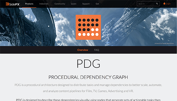 SideFX website header with a blue cosmic background and an orange grid icon above the PDG title.