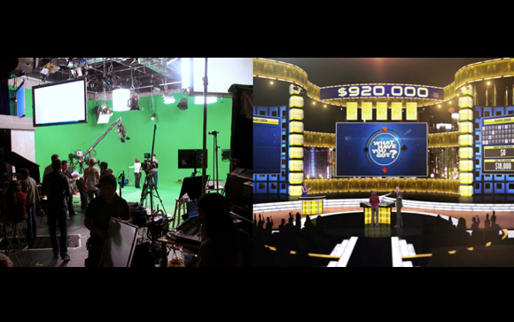 Split view of a green screen film studio on the left and a brightly lit game show set on the right.
