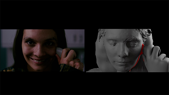 A split screen showing a smiling woman on the left and a grayscale 3D facial scan with red highlights on the right.