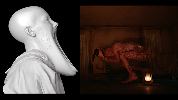 A white sculpture of a head with an elongated jaw next to a dark scene of a creature in a dim room.