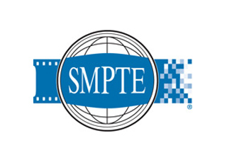 SMPTE logo featuring a blue horizontal strip with film perforations and a globe outline.