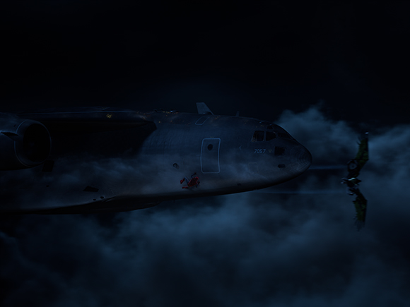 A large dark aircraft partially obscured by thick blue-tinted fog at night.